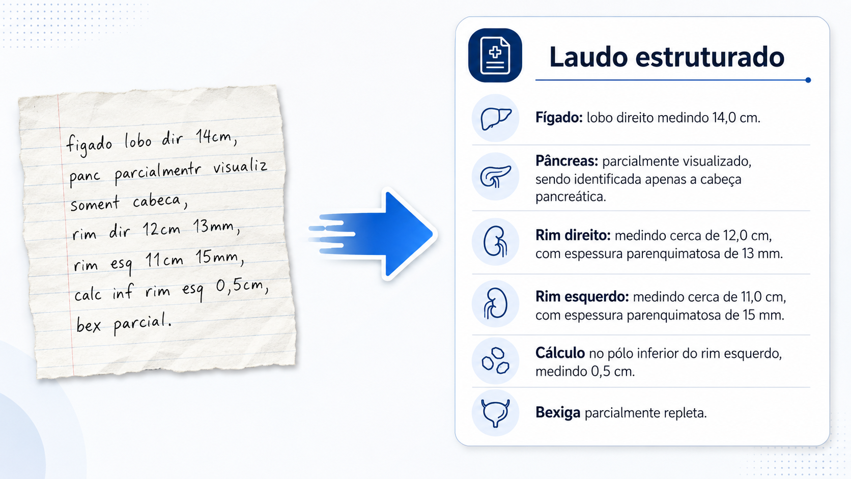 Laudo Assistido: achados em forma livre viram laudo estruturado pela IA