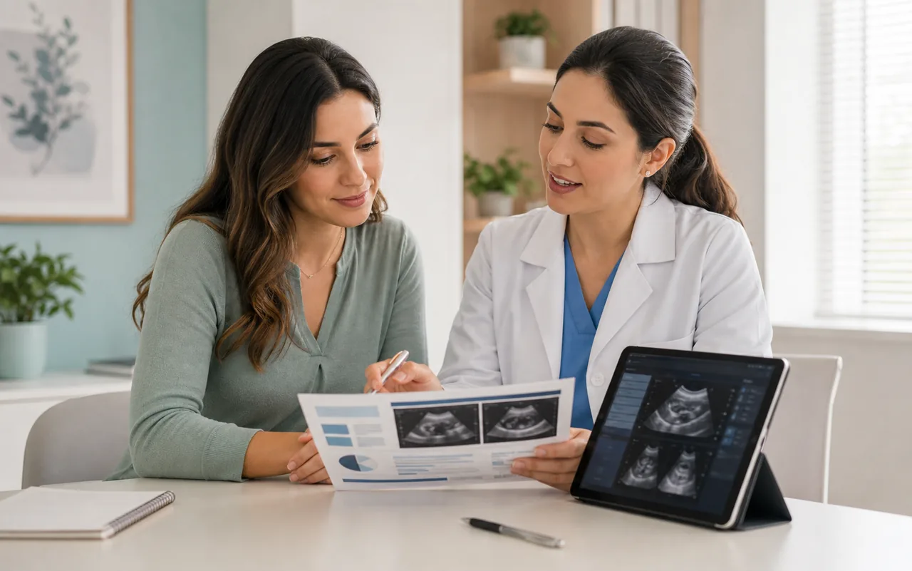 Médica e paciente revisando juntas um laudo de ultrassom em papel e tablet.